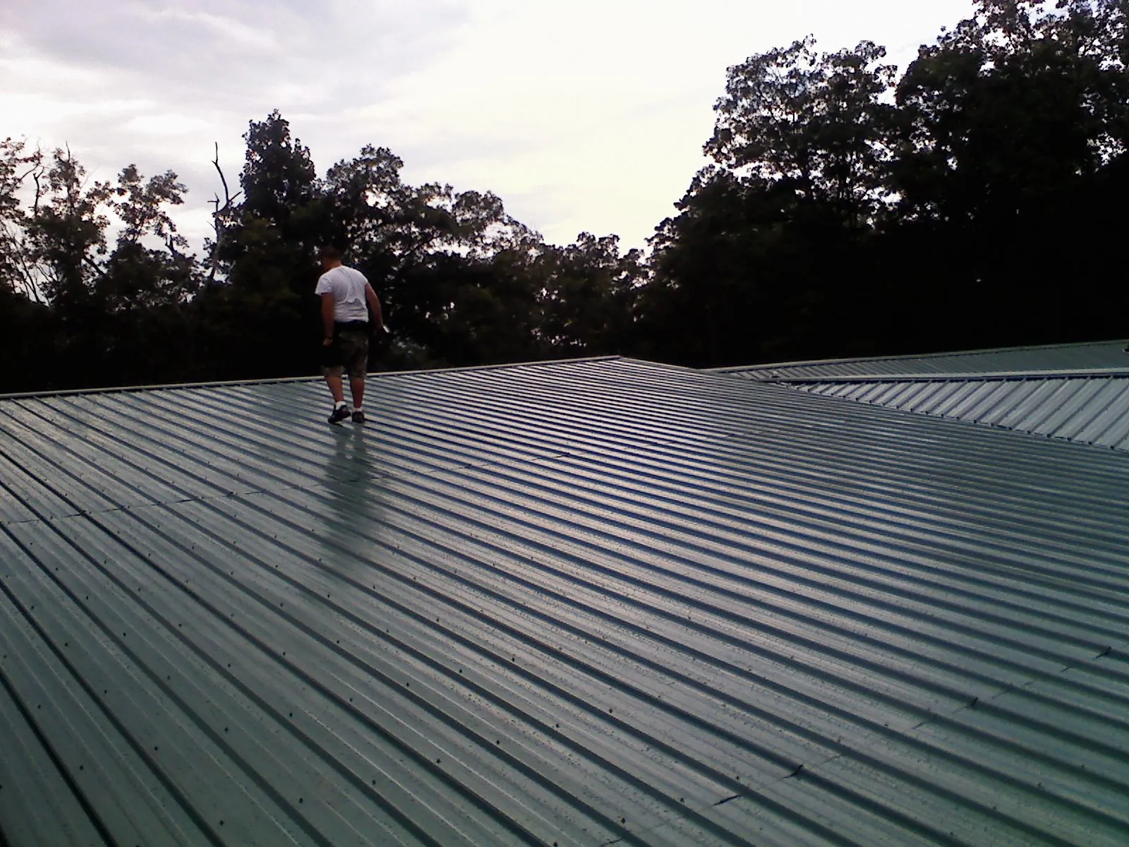 Roofer walking a wide expanse of new green metal roofing in Eureka